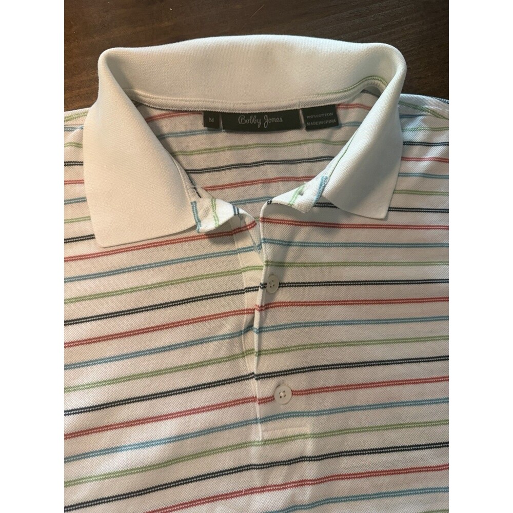 Bobby Jones Polo Shirt Mens Medium White Multicolor Stripe Cotton Golf Active